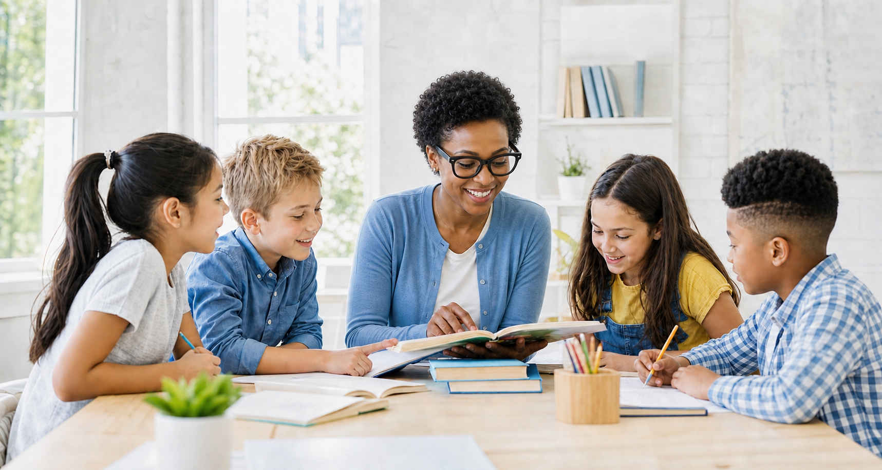 Younger African American woman educator leading a bright small-group tutoring session