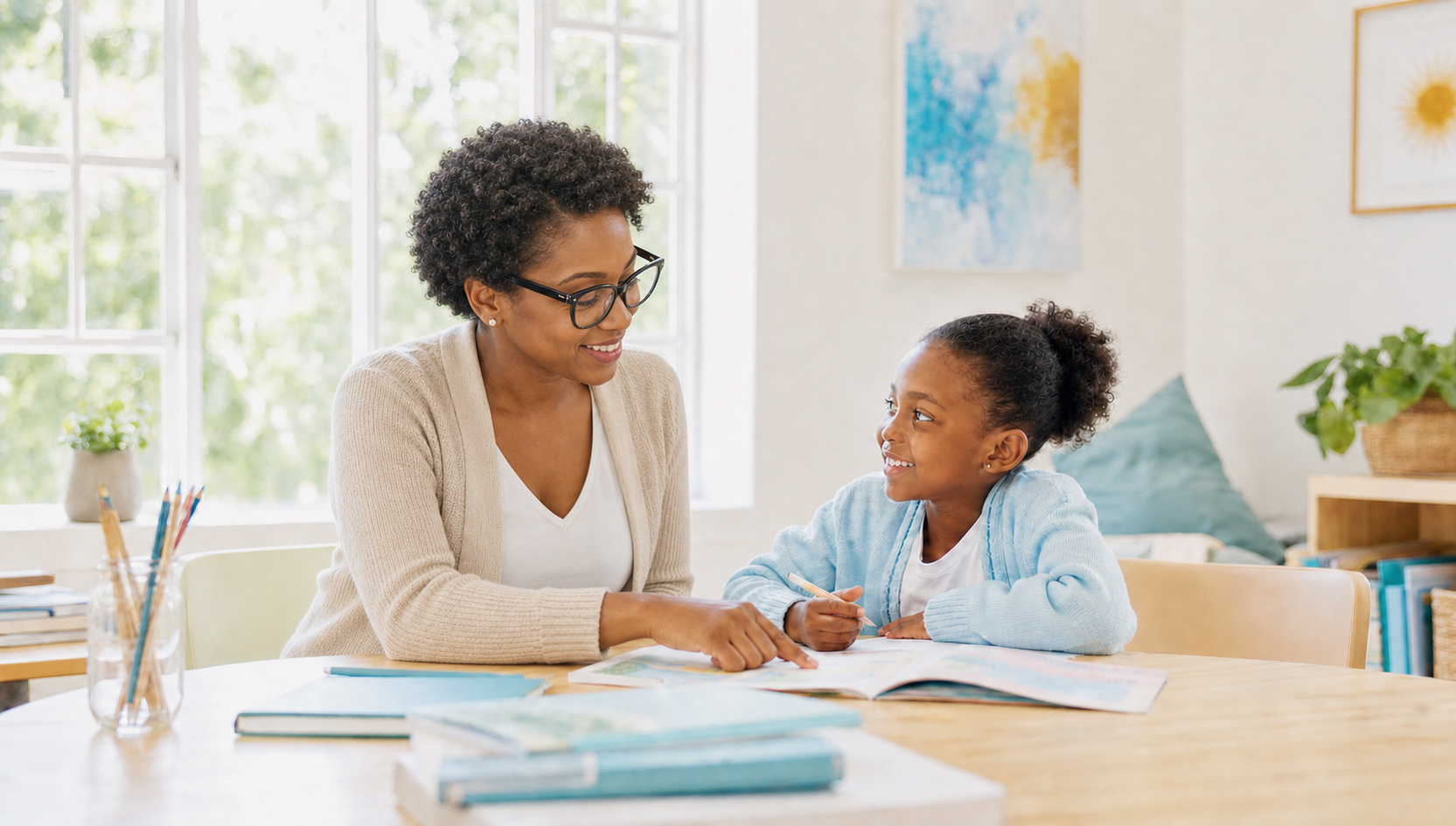 Younger African American woman educator providing one-on-one tutoring in a bright learning room