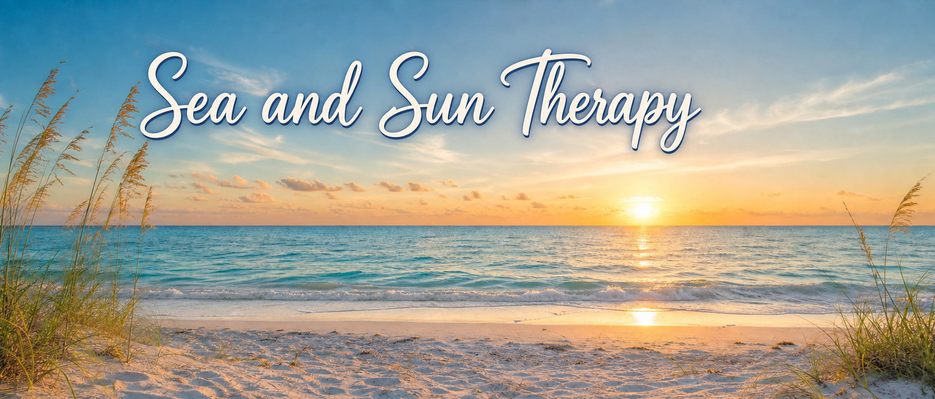 Golden sunrise beach with Sea and Sun Therapy written in whimsical script