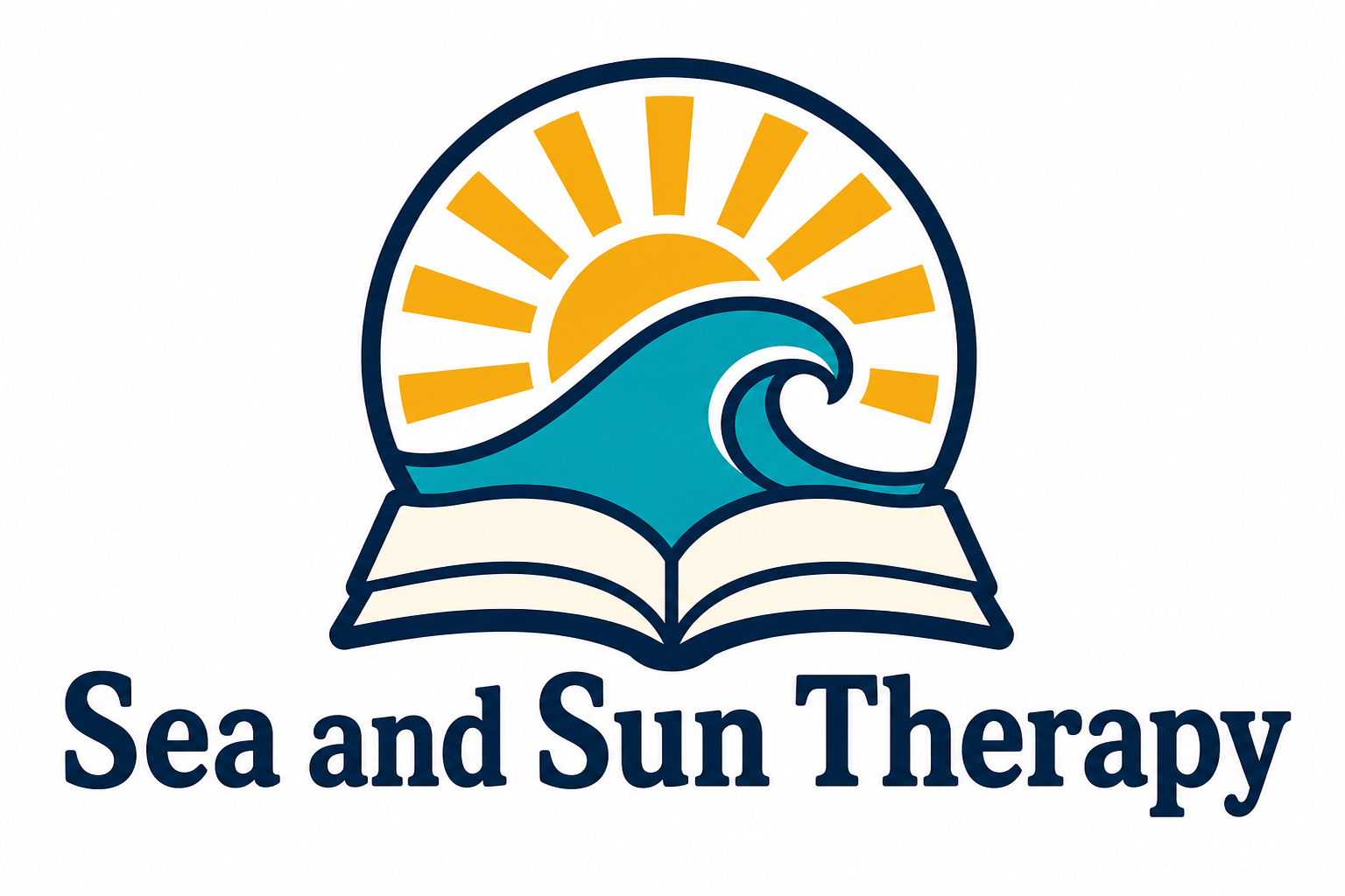 Sea and Sun Therapy logo with a rising sun, ocean wave, and open book